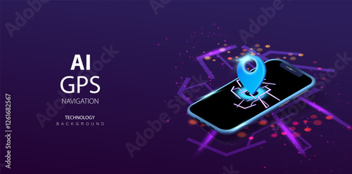 Pin 3d icon on phone with map isometric background. Ai GPS navigation symbol in technology app design. Geo point location, navigator travel way and transport logistics delivery concept. Blue vector.