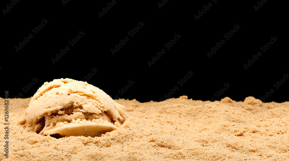 Scoop of Delicious Sweet Ice Cream Resting on Textured Granular Surface Against Black Backdrop Scoop of Delicious Sweet Ice Cream Resting on Textured Granular Surface Against Black Backdrop