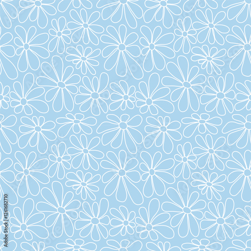 Floral Print with Outline White Flowers. Seamless Pattern with Chamomile Flowers on Light Blue Background. Summer Flowers. Sample can be used for Fabric, Cover, Mugs. Vector Illustration