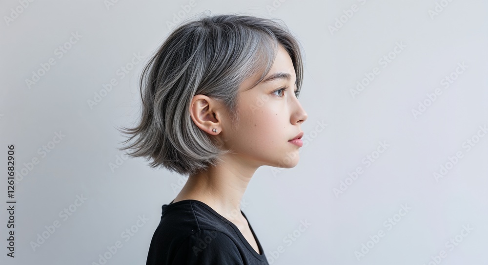 Girl with short gray hair side view portrait on plain white background Girl with short gray hair side view portrait on plain white background