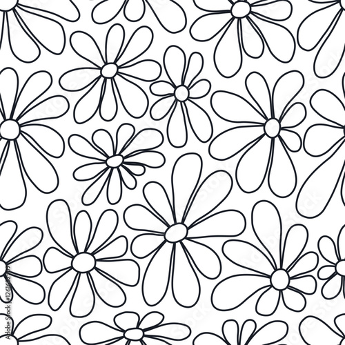 Floral Print with Outline Black Flowers. Seamless Pattern with Chamomile Flowers on White Background. Summer Flowers. Sample can be used for Fabric, Cover, Mugs, Coloring. Vector Illustration