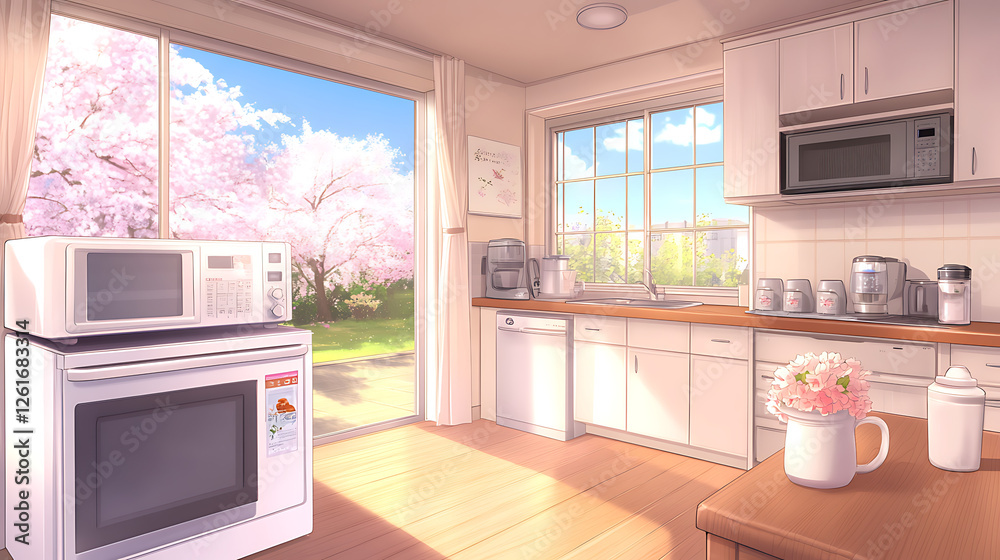Fototapeta premium Serene Anime Kitchen Interior with Sakura Tree View Through Window and Natural Sunlight Effects