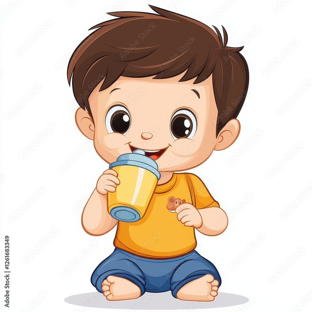Happy Cartoon Child Drinking from Sippy Cup in Bright Colors Happy Cartoon Child Drinking from Sippy Cup in Bright Colors