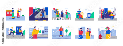 Modern urban life set illustration. Flat vector illustration concept.
