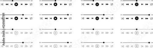 Multimedia video and music player and pause buttons icons set. Video streaming frame on internet, modern social media video interface template live digital stream isolated on transparent background.
