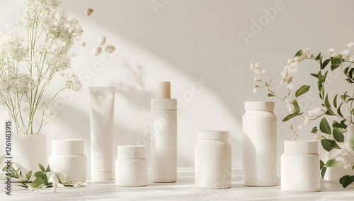 White skincare products, sunlight, flowers, studio