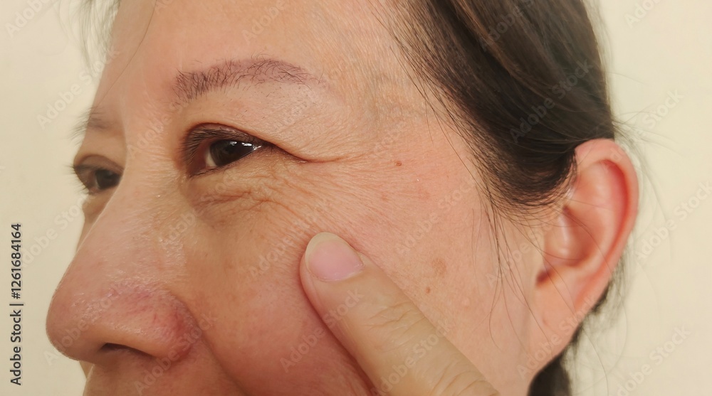 Portrait the wrinkle and Flabby skin, Flabbiness and lines beside the eyelid, dark spots and blemish on the face of the woman health care and beauty concept. Portrait the wrinkle and Flabby skin, Flabbiness and lines beside the eyelid, dark spots and blemish on the face of the woman health care and beauty concept.