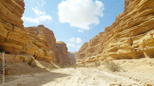 Scenic view of a canyon with golden rock formations under a blue sky and fluffy clouds