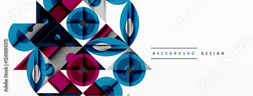 Geometric abstract composition with intersecting shapes, circles, triangles, and gradients, blending vibrant colors and dynamic contrasts to create a modern, futuristic visual design