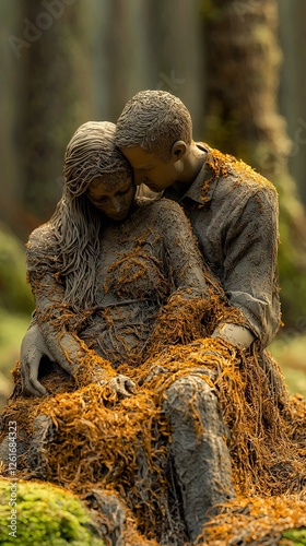 Couple sculpture in forest, embracing, mossy backdrop, artistic piece photo