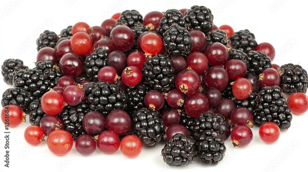 Fresh Blackberries and Red Berries Piled Together on White Background Fresh Blackberries and Red Berries Piled Together on White Background