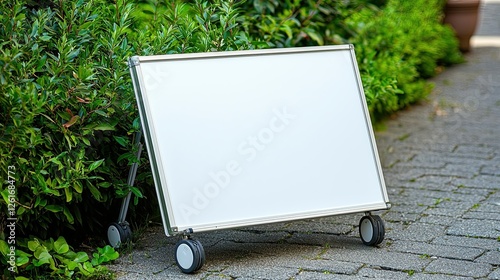 Blank whiteboard on wheels positioned beside a lush green hedge in a serene outdoor setting