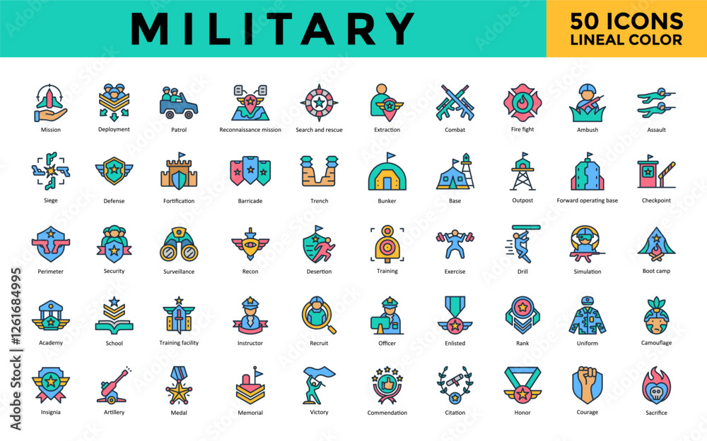 Fototapeta premium Military icon set with mission, deployment, patrol, reconnaissance mission, search and rescue, extraction, combat, fire fight, ambush, assault icon. Simple lineal color vector 