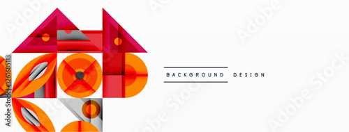 Geometric abstract composition with intersecting shapes, circles, triangles, and gradients, blending vibrant colors and dynamic contrasts to create a modern, futuristic visual design