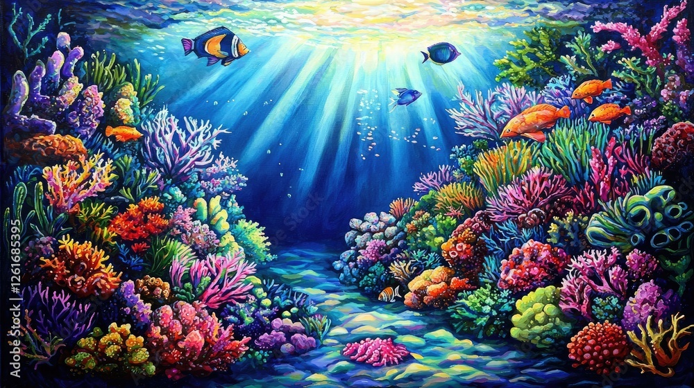 Fototapeta premium Vibrant Underwater Scene with Colorful Coral and Tropical Fish
