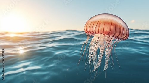 Pink Jellyfish in Ocean Sunrise photo