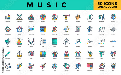 Music icon set with equalizer, spotlight, audience, crowd, fan, fanfare, applause, encore, rehearsal, practice icon. Simple lineal color vector 
