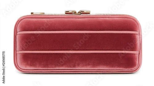 Elegant velvet wallet in soft pink hue, showcasing intricate stitching and zipper detail