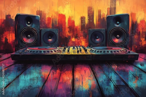 DJ setup, city sunset backdrop, music event