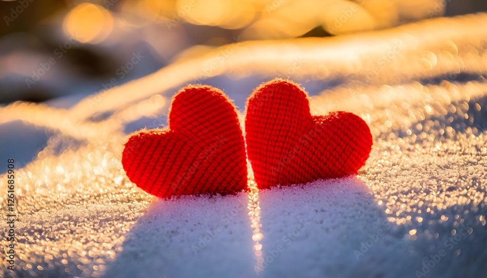 Fototapeta premium Two red knitted hearts resting on glistening snow with golden sunlight in the background
