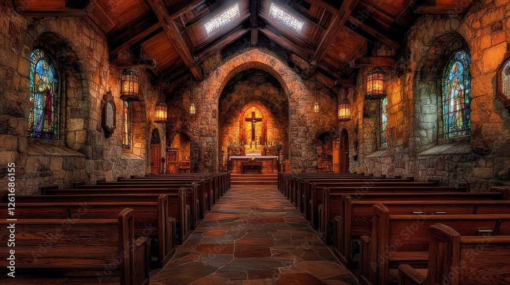 Obraz premium The cozy, traditional interior of a rustic chapel, featuring rows of aged, hardwood pews facing an altar adorned with a weathered cross, the space illuminated by the gentle light filtering in through