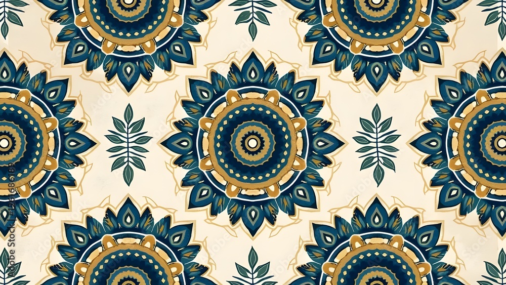 Mandala and Fern Leaf Design with Gold Borders for Fashion Fabrics Mandala and Fern Leaf Design with Gold Borders for Fashion Fabrics