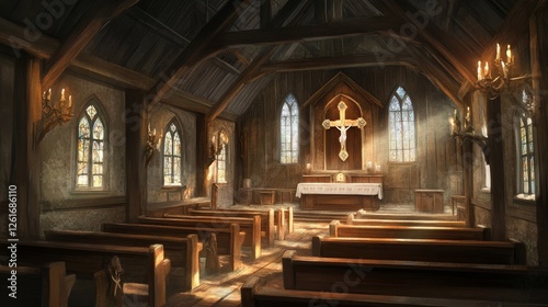 The cozy  traditional interior of a rustic chapel  featuring rows of aged  hardwood pews facing an altar adorned with a weathered cross  the space illuminated by the gentle light filtering in through