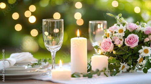 Elegant outdoor dining setup with candles and flowers, surrounded by soft bokeh lights