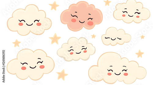 Smiling Clouds and Stars Dreamy Whimsical Sky Illustration with Cute Facial Expressions Vector Design