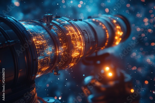 Futuristic Telescope, Space, Glowing Circuits, Cosmic Background, Sci-Fi