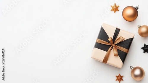 Elegant gift box with black ribbon surrounded by festive ornaments and stars on a white background