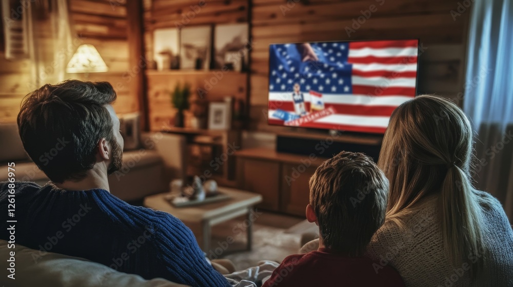 Fototapeta premium a family watching an election event on tv in a simply decorated home the screen displays the american flag and a candidate's campaign imagery the wooden wall in the background is complemented by