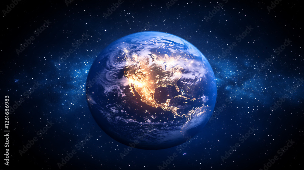 Obraz premium Spectacular View of Earth From Space Featuring North America and City Lights Radiating on Planet Surface