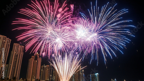 Spectacular Fireworks Display Over City Skyscrapers on a Festive Night Celebration Event