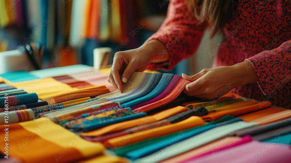 Fototapeta premium A female fashion designer organizing fabric swatches on her desk, creating color palettes for her upcoming collection