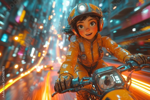 Girl rides futuristic motorbike, neon city