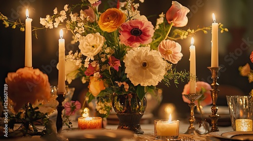 Elegant dinner table adorned with vibrant flowers and candles, creating a warm ambiance for gathering