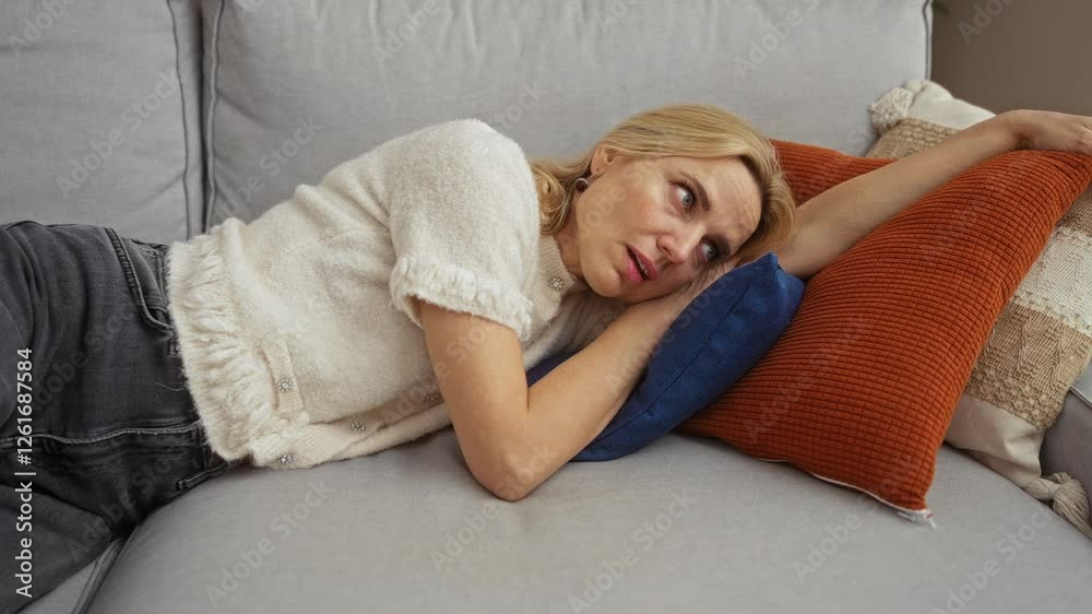 Woman relaxing on a cozy sofa in a living room, wearing a white sweater, showing a relaxed morning routine indoors.