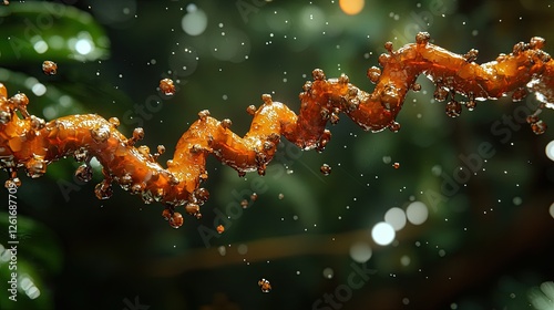 Close-up of a twisting stream of syrup dripping with droplets against a blurred green background