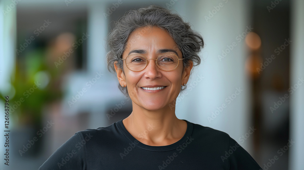 focus between waist and chin, slightly smiling 60-year-old Brazilian woman wears a t-shirt smooth and clean black focus between waist and chin, slightly smiling 60-year-old Brazilian woman wears a t-shirt smooth and clean black