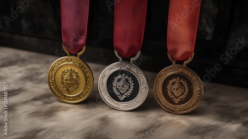 Illustrious accomplishment emblems; a trio of polished, metallic medal designs in gleaming gold, shimmering silver, and refined bronze, all accented by rich, crimson ribbons for a sophisticated, photo