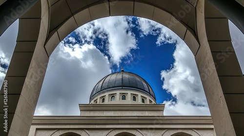 Majestic dome of a historic building framed by arches under a dramatic sky with clouds