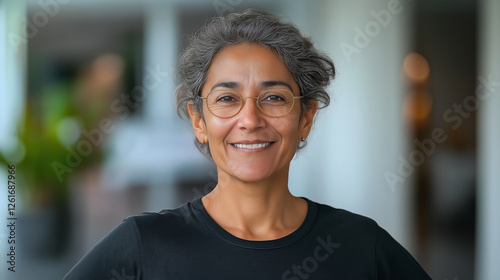 focus between waist and chin, slightly smiling 60-year-old Brazilian woman wears a t-shirt smooth and clean black