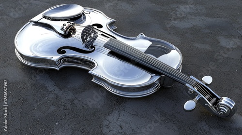 A beautifully crafted silver violin resting on a textured surface, showcasing its elegant design