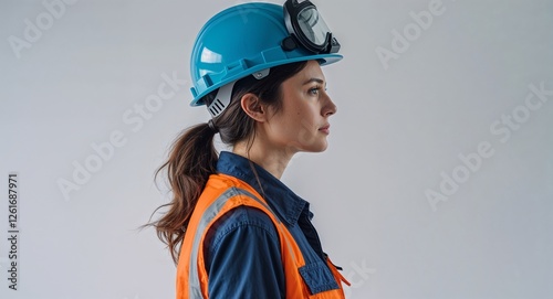 Miner woman side view portrait on plain white background