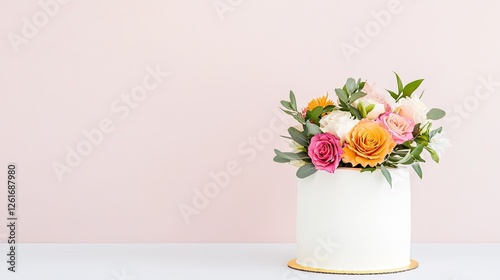 Elegant floral cake arrangement on a minimalist pastel background with soft lighting