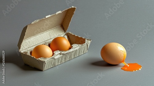Fresh eggs in a carton with one cracked egg spilling yolk on a gray surface, showcasing food preparation