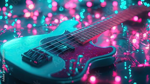 Close-up of a vibrant electric guitar surrounded by colorful lights, creating a festive atmosphere