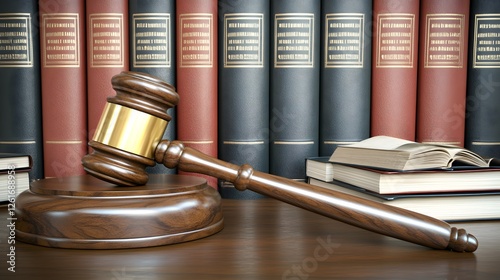 Wooden gavel resting on sound block with legal books photo