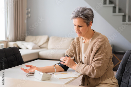 An elderly beautiful woman in old age with gray hair measures blood pressure with tonometer